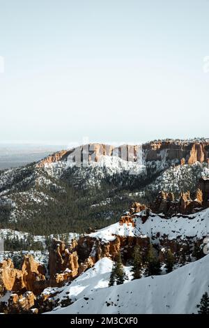 Photo monochrome aux beaux-arts du parc national de bryce Canyon pendant la journée en hiver avec de la neige au sol Banque D'Images