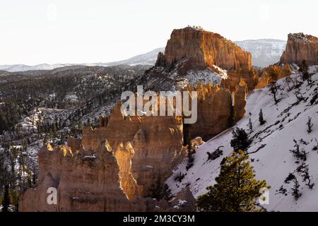 Photo monochrome aux beaux-arts du parc national de bryce Canyon pendant la journée en hiver avec de la neige au sol Banque D'Images