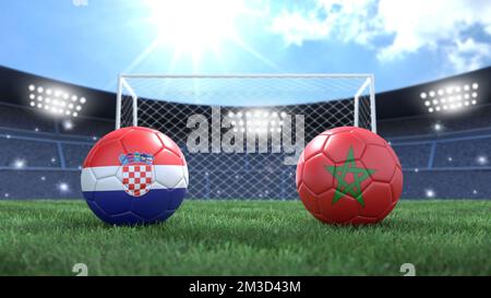 Deux ballons de football aux couleurs des drapeaux sur un fond flou du stade. Maroc contre Croatie. 3d image Banque D'Images