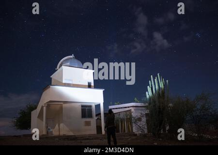 Un homme solitaire qui éclaire l'Observatoire astronomique et un cactus étoilé dans le désert de Tatacoa, Huila, Colombie Banque D'Images