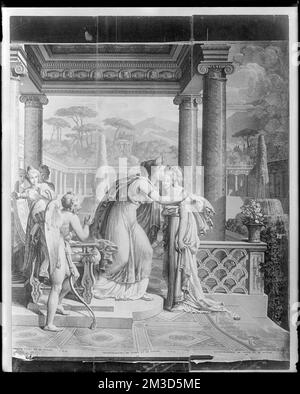 Détails intérieurs, papier peint, panneau numéro 11 'Cupid and psyche' , Fonds d'écran, divinité romaine de Cupid, divinité grecque de psyché. Collection de négatifs sur plaque de verre de Frank cousins Banque D'Images