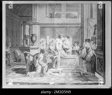 Détails intérieurs, papier peint, panneau numéro 3 'Cupid and psyche' , Fonds d'écran, divinité romaine de Cupid, divinité grecque de psyché. Collection de négatifs sur plaque de verre de Frank cousins Banque D'Images