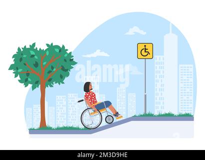 Jeune femme en fauteuil roulant sur vecteur de rue Illustration de Vecteur