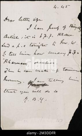 [John Biddulph Martin] Note autographe signée (initiales) à [Victoria Woodhull Martin], vers 1883-1897 , féministes, États-Unis, suffragistes. Victoria Woodhull Martin Papers Banque D'Images