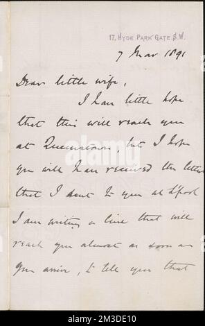 [John Biddulph Martin] note autographe à [Victoria Woodhull Martin], Londres, 7 mars 1891 , féministes, États-Unis, suffragistes. Victoria Woodhull Martin Papers Banque D'Images