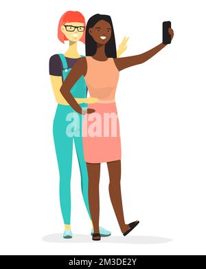 Deux filles interraciales amis prenant l'illustration de vecteur selfie. Jeune femme photographiant ensemble en regardant l'appareil photo de téléphone mobile debout isolé o Illustration de Vecteur