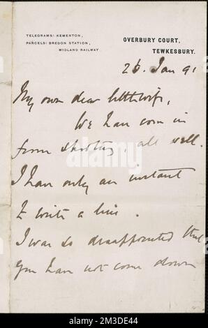 [John Biddulph Martin] note autographe à [Victoria Woodhull Martin, Tewkesbury, Angleterre], 26 janvier 1891 , Féministes, États-Unis, suffragistes. Victoria Woodhull Martin Papers Banque D'Images