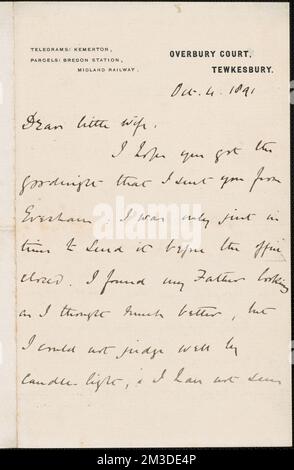 [John Biddulph Martin] note autographe à [Victoria Woodhull Martin, Tewkesbury, [Angleterre], 4 octobre 1891 , Féministes, États-Unis, suffragistes. Victoria Woodhull Martin Papers Banque D'Images