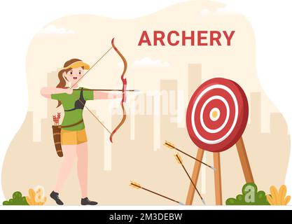 Sport de tir à l'arc avec un arc et une flèche pointant vers Target pour une activité de loisir en plein air sur un dessin animé à la main Illustration de Vecteur