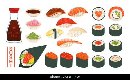 Petits pains sushi gunkan temaki sauce soya gingembre wasabi ensemble japon asiatique vecteur alimentaire logo pack design isolé Illustration de Vecteur