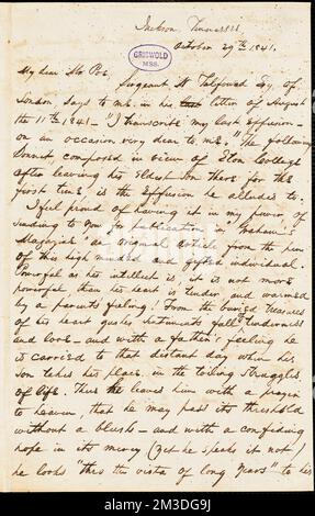 John Tomlin, Jackson, TN., lettre autographe signée à Edgar Allan PoE, 29 octobre 1841 , littérature américaine, 19th Century, Histoire et critique, auteurs, American, 19th Century, correspondance, auteurs et éditeurs, Poets, American, 19th Century, Correspondence, Talfourd, Thomas Noon, 1795-1854. Papiers Rufus W. Griswold Banque D'Images