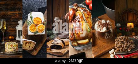 Collage de plats de Noël traditionnels sur fond sombre Banque D'Images