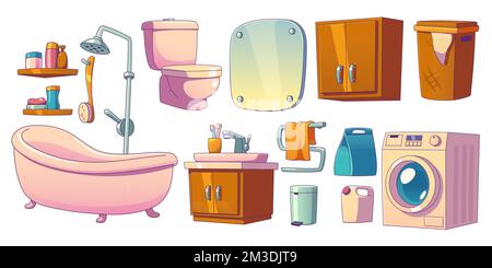 Meubles de salle de bains, baignoire avec douche, cuvette de toilette, lavabo, miroir, machine à laver, panier et placard isolés sur fond blanc, illustration vectorielle de style contemporain Illustration de Vecteur