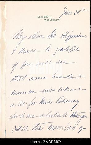 Kate Sanborn lettre autographe signée à Thomas Wentworth Higginson, Wellesley, Mass., 30 janvier, Abolitionnistes, Etats-Unis, Histoire, 19th siècle, femmes, suffrage, Boston Authors Club. Thomas Wentworth Higginson correspondance Banque D'Images