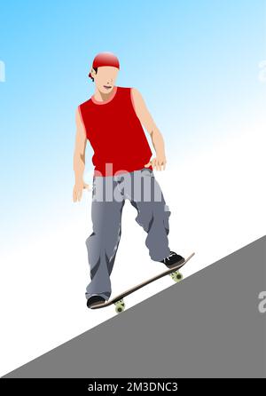 Un homme de skater se déplace sur un skateboard à la rampe du parc de skate. illustration de 3d couleurs vectorielles. Illustration de Vecteur