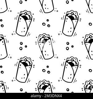 Main tiré fast food shawarma, burrito, retordeuse sans couture modèle. Style d'esquisse de la bande dessinée. Illustration de la restauration rapide Vector. Croquis de doner, burrito. Illustration de Vecteur