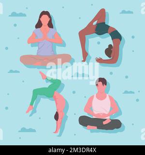 quatre jeunes pratiquant des personnages de yoga Illustration de Vecteur