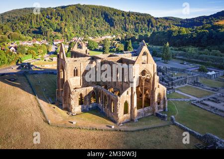 Tintern, pays de Galles, Royaume-Uni - 7 août 2022 : vue aérienne des ruines du monastère cistercien Tintern au pays de Galles au lever du soleil. Banque D'Images