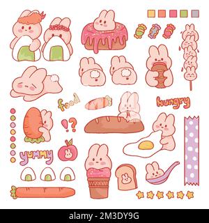 Adorable lapin lapin et dessert dessin à la main ensemble d'illustrations collection journal transparent autocollant 1 Banque D'Images