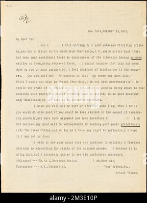 Lettre d'Arthur Tappan, New York, [New York], à William Lloyd Garrison, 1831 12 octobre , Abolitionnistes, États-Unis, 19th Century, correspondance, Mouvements d'Antislavery, États-Unis, Histoire, 19th siècle, réformateurs sociaux, Etats-Unis, Histoire, 19th siècle, Abolitionnistes, Etats-Unis, Histoire, 19th siècle, mouvements d'Antislavery, États-Unis, réformateurs sociaux, États-Unis, Garrison, William Lloyd, 1805-1879, Tappan, Arthur, 1786-1865, Liberator Boston, Massachusetts. : 1831 Banque D'Images