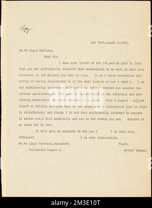 Lettre d'Arthur Tappan, New York, [New York], à William Lloyd Garrison, 1830 9 août , Abolitionnistes, États-Unis, 19th Century, correspondance, Mouvements d'Antislavery, États-Unis, Histoire, 19th siècle, mouvements d'Antislavery, Journaux, Etats-Unis, Histoire, 19th siècle, social réformateurs, Etats-Unis, Histoire, 19th siècle, Abolitionnistes, Etats-Unis, Histoire, 19th siècle, mouvements d'Antislavery, États-Unis, réformateurs sociaux, États-Unis, Garrison, William Lloyd, 1805-1879, Tappan, Arthur, 1786-1865, Liberator Boston, Massachusetts. : 1831 Banque D'Images