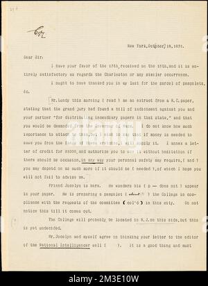 Lettre d'Arthur Tappan, New York, [New York], à William Lloyd Garrison, 1831 oct.[ober] 18 , Abolitionnistes, États-Unis, 19th Century, correspondance, Afro-Américains, Education, Etats-Unis, Histoire, 19th siècle, Mouvements d'Antislavery, États-Unis, Histoire, 19th siècle, réformateurs sociaux, Etats-Unis, Histoire, 19th siècle, Abolitionnistes, Etats-Unis, Histoire, 19th siècle, Afro-Américains, éducation, Histoire, Mouvements d'Antislavery, États-Unis, réformateurs sociaux, États-Unis, Garnison, William Lloyd, 1805-1879, Tappan, Arthur, 1786-1865, Jocelyn, Simeon Smith, 1799-1879 Banque D'Images