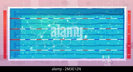 Piscine sportive, vue de dessus avec eau rippé bleu, sol en céramique et voies ou chemins pour se rafraîchir. Réservoir vide pour la natation, la compétition sportive, la remise en forme ou l'entraînement d'aquagym, dessin vectoriel de dessin animé Illustration de Vecteur