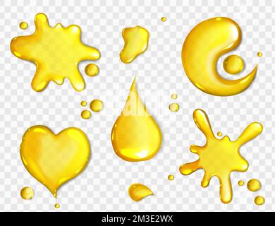 Déversements de jus ou d'huile jaune isolés sur fond transparent. Vecteur ensemble réaliste de flaques liquides en forme de coeur, blob et Yin Yang, jus d'orange ou de mangue gouttes, flux de miel vue de dessus Illustration de Vecteur