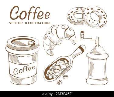 Ensemble de croquis de café à la main, dessin vectoriel, croissant de café à emporter Illustration de Vecteur