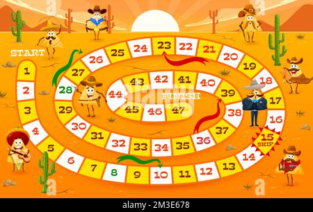 Jeu de société pour enfants, drôle de dessin animé mexicain nacho cowboy, bandit ranger et shérif personnages, puzzle vectoriel. Commencez et terminez le jeu de dés de table avec le dessin animé mexicain nachos dans sombrero avec guitare Illustration de Vecteur