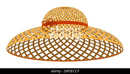 Chapeau femme rond à large bord tissé en matériau naturel. Casque léger d'été. Élégant chapeau de paille tissé avec grand mesh. Vecteur isolé sur b blanc Illustration de Vecteur