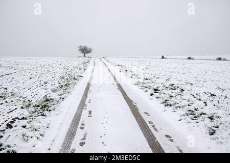 route enneigée avec traces de pneus Banque D'Images