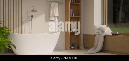 Salle de bain confortable et minimaliste design intérieur avec baignoire de luxe, pomme de douche, serviette, étagères en bois et banc de fenêtre en bois contre grand Wi de verre Banque D'Images