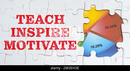 Concept économique et commercial. Sur les puzzles blancs, il y a une inscription - enseigner inspirer motiver. Diagramme financier dans la fenêtre parmi les puzzles Banque D'Images