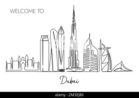 Un dessin continu de la ligne d'horizon de la ville de Dubaï. Destination touristique de renommée mondiale. Conception simple de style dessiné à la main pour la promotion du voyage et du tourisme Illustration de Vecteur