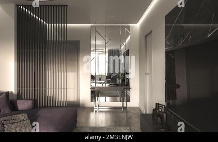 Intérieur de séjour avec cloison décorative, miroir, armoire et canapé. Design de luxe minimaliste. Illustration de rendu 3D de haute qualité. Banque D'Images