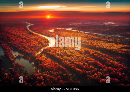 une rivière qui traverse une forêt verdoyante sous un ciel de coucher de soleil avec un coucher de soleil sur la rivière et les arbres. Banque D'Images