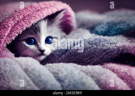 un chaton aux yeux bleus qui se déchègue d'une couverture recouverte de couvertures et de couvertures sur un lit. . Banque D'Images