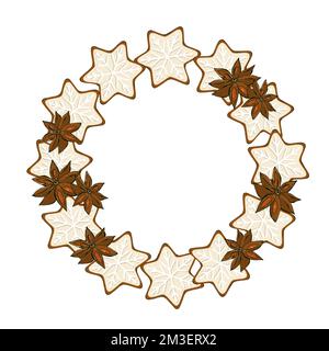 Couronne de Noël avec biscuits, cupcake, bâtons de cannelle, orange, étoile anis. Conception de l'emballage Banque D'Images