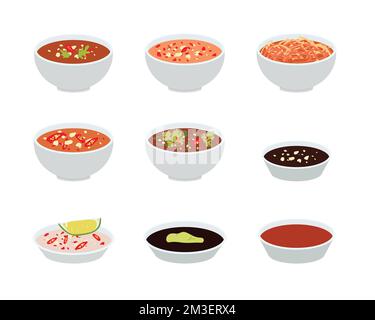 Ensemble de sauce à trempette avec Chili, ail, sel, soja, moutarde dessin vectoriel plat. Sauce de poisson clipart. Cuisine asiatique. Cuisine asiatique Illustration de Vecteur