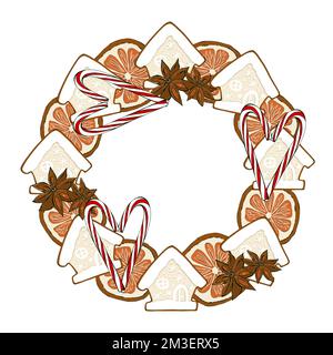 Couronne de Noël avec biscuits, cupcake, bâtons de cannelle, orange, étoile anis. Conception de l'emballage Banque D'Images