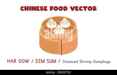 Chinois Har Gow ou Dim Sum - boulettes de crevettes chinoises cuites à la vapeur dans un cuiseur vapeur de bambou dessin vectoriel plat, dessin animé style clipart. Cuisine asiatique Illustration de Vecteur