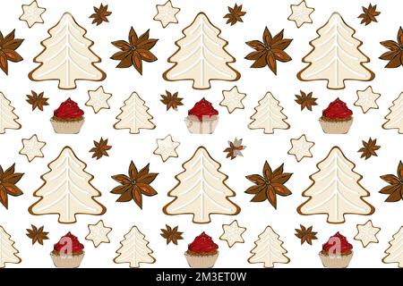 Motif Seamles avec tasses à café, épices et biscuits. Collection de Noël, illustration du dessin à la main Banque D'Images