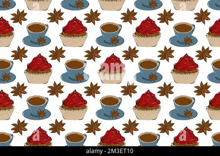 Motif Seamles avec tasses à café, épices et biscuits. Collection de Noël, illustration du dessin à la main Banque D'Images