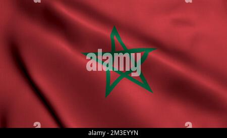 Drapeau marocain, avec texture de tissu de tissage. Real Satin texture Maroc drapeau national dans le rendu de vent 3D Banque D'Images