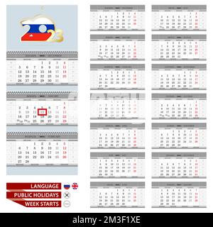 Calendrier trimestriel mural 2023, en russe et en anglais. Début de la semaine à partir du lundi. Modèle vectoriel. Illustration de Vecteur