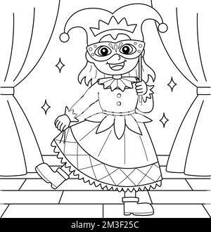 Mardi gras Jester Girl coloriage page pour enfants Illustration de Vecteur