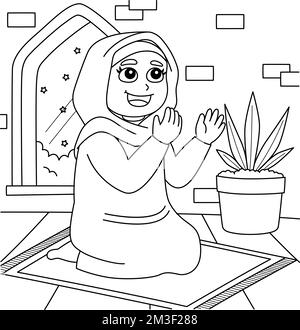 Page de coloriage pour enfants de la prière musulmane de Ramadan Illustration de Vecteur