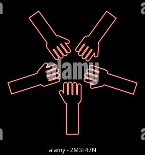 Neon Five Hands Group Arms beaucoup de mains se connectant paumes ouvertes les gens mettant leurs mains ensemble Stack Hands concept unité rouge vecteur de couleur Illustration de Vecteur