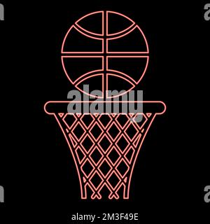 Panier de basket-ball néon et balle filet de cerceau et boule rouge couleur vecteur illustration image plate style lumière Illustration de Vecteur